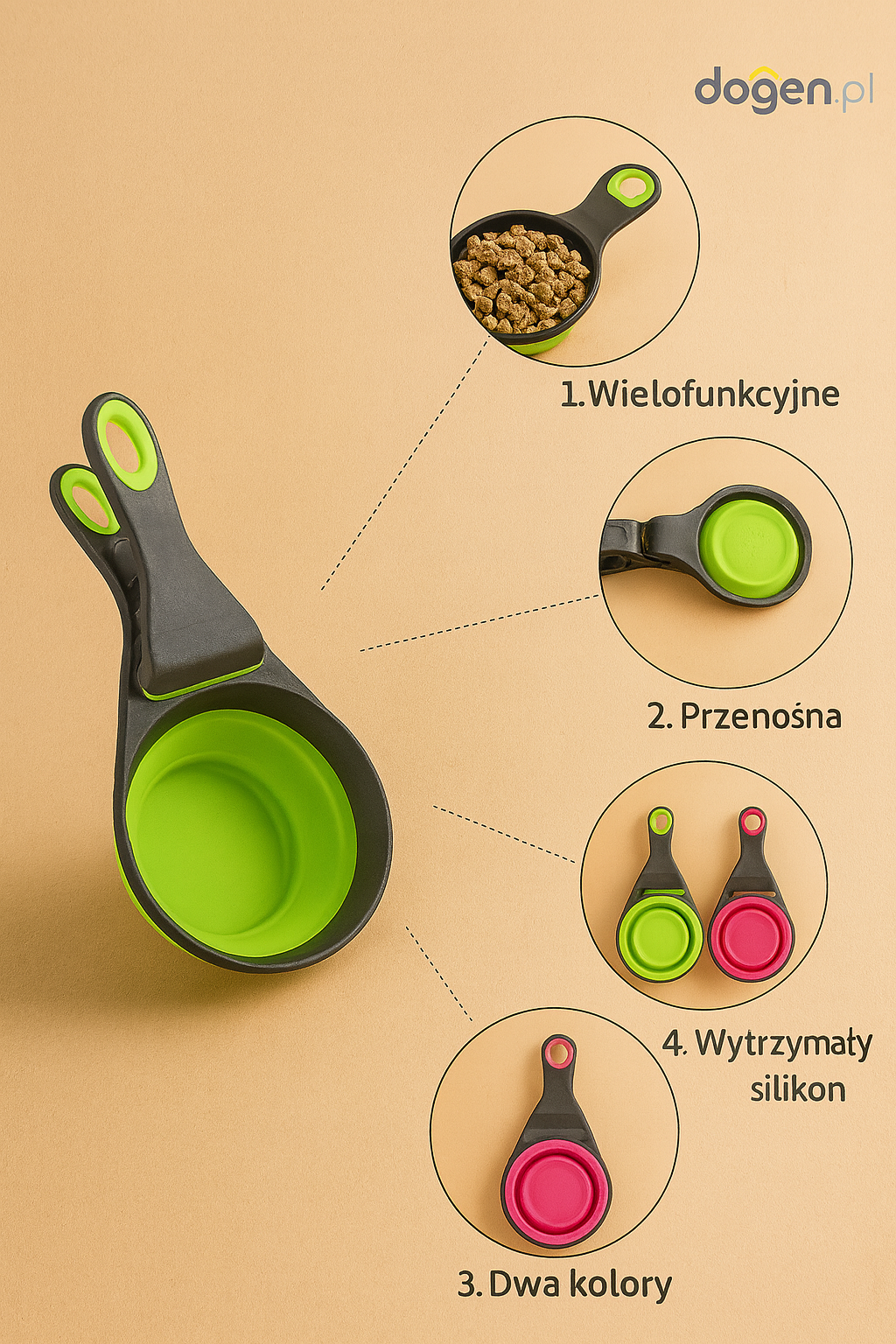 Składana łyżka–miska z klipsem do karmy dla psa i kota | Miarka 3w1 do karmienia, podawania wody i szczelnego zamykania opakowań