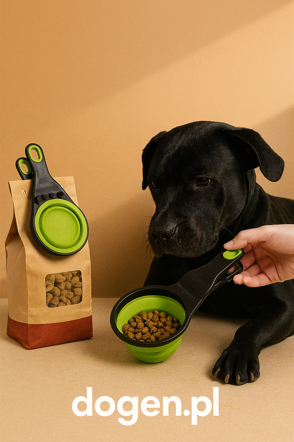 Składana łyżka–miska z klipsem do karmy dla psa i kota | Miarka 3w1 do karmienia, podawania wody i szczelnego zamykania opakowań