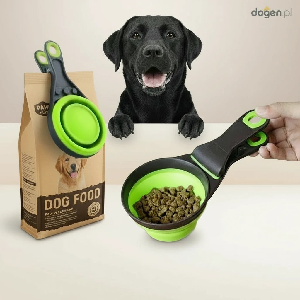 Składana łyżka–miska z klipsem do karmy dla psa i kota | Miarka 3w1 do karmienia, podawania wody i szczelnego zamykania opakowań