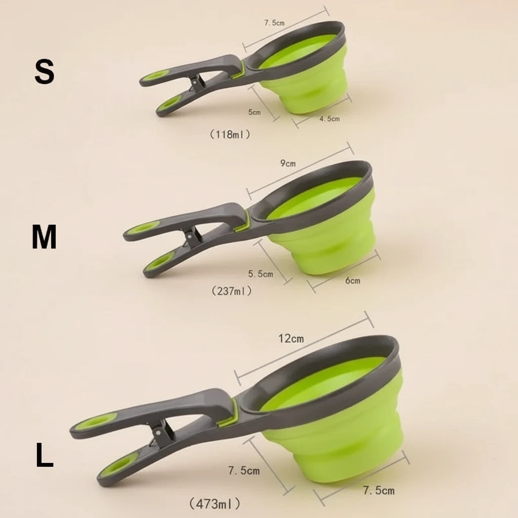 Składana łyżka–miska z klipsem do karmy dla psa i kota | Miarka 3w1 do karmienia, podawania wody i szczelnego zamykania opakowań